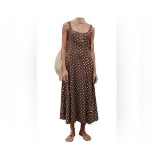 Brown Polka Dot Midi Dress Elegant Square Neck Open Back Brown and White Polka